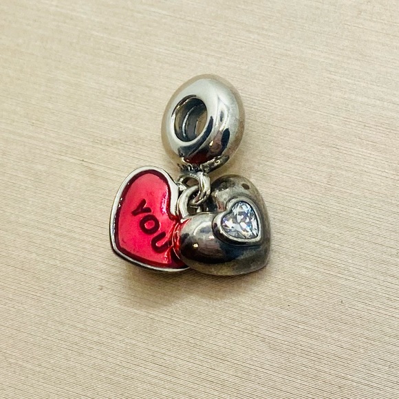 EUC Pandora 791244CZ Sterling Silver You & Me Heart Dangle Charm w/ Pink Enamel - Picture 5 of 9